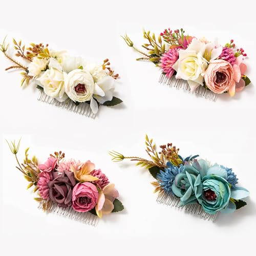 Pamtns 4 Piezas Peines Laterales para el Pelo de Metal con Flores Artificiales Peine para el Cabello de Novia Peineta de Flores Boda Horquillas Clips Florales para Novia Dama de Honor Accesorios Boda