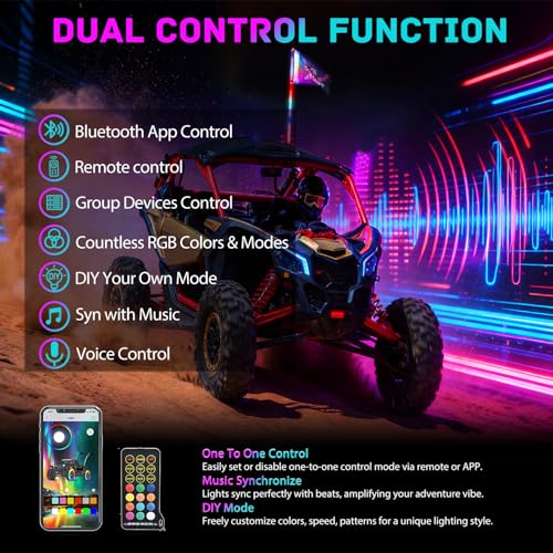 Image of Nilight LED Whip Light 1 PC 5FT COB RGB Spiral Lighted Antenna with Spring Base, Bluetooth App & Remote Control DIY Chasing Patterns & Music Sync Safety Whips for ATV UTV RZR Polaris Can-Am Truck