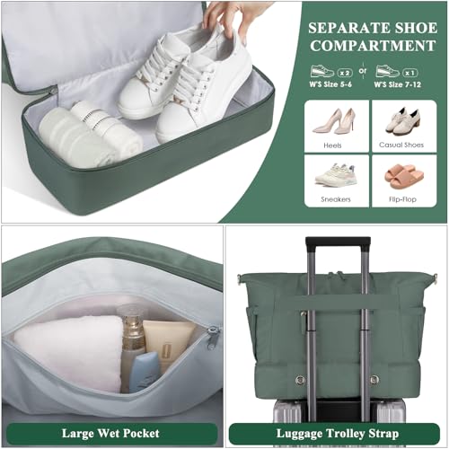 Image of Gym Bag for Women, Travel Duffel Bag with Shoes Compartment, Weekender Bag, Dark Green, Medium, Gym Bag With Usb Charging Port