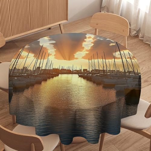 asbwuo Mantel Redondo de Verano con Olas Doradas y Sol, Lavable, con diseño de velero Marino, Ideal para Cocina, Comedor, Exteriores y decoración navideña. 70 Pulgadas.