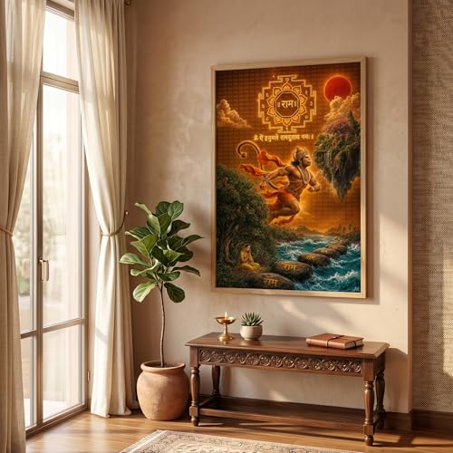 Image of Livin'luxe Hanuman Ram Yantra Wall Painting for Living Room Bedroom Pooja Room Decor with Premium Wooden Color Synthetic Frame, Spiritual Hindu Art Gift (13.5 x 19.5) NM01-4091