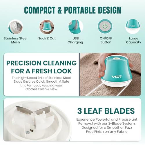 Image of VGR V-810 Professional Lint Remover | Rechargeable Fabric Shaver for Clothing, Upholstery & Linen | Stainless Steel Mesh, Large Lint Container, Foldable Handle | Quick Charging, Aqua Teal