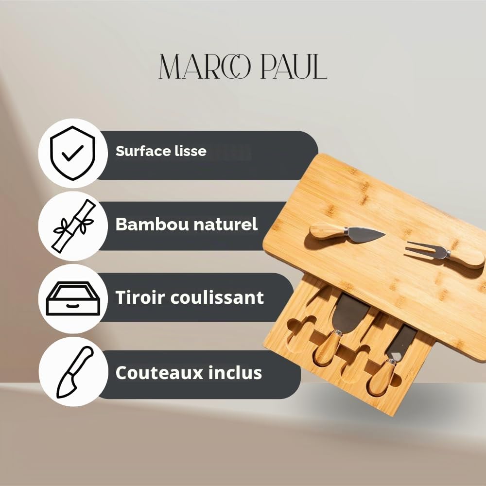 HomeZone Plateau à fromage en bambou avec couteau et plateau de service avec tiroir coulissant à couverts et tiroir de cuisine, cadeau divertissant