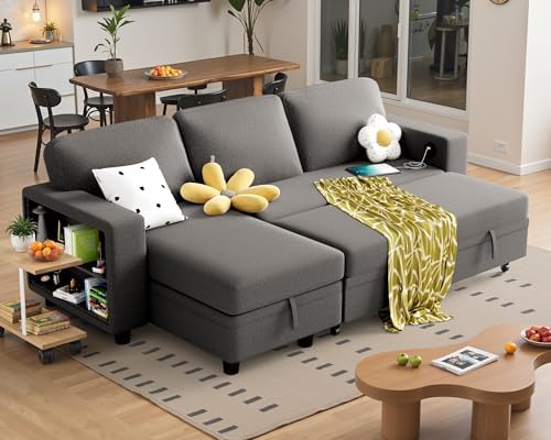 YESHOMY L-Shaped Sofa Bed Convertible Sectional Couch for Living Room with Pull Out Sleeper, Storage Chaise & 2 Built-in Bookcases, Gray