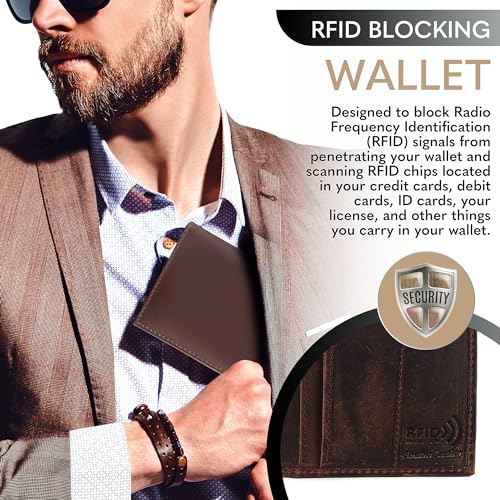 Image of F&L CLASSIC Men's RFID Vintage Look Genuine Leather Long Bifold Wallet Checkbook Wallets, classic brown with skull embossment, Bi-fold Full Grain Leather Checkbook Wallet
