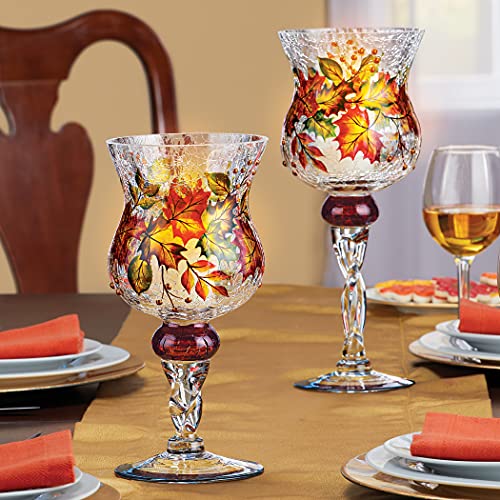 Collections Etc COFA200769-S Hand Painted Fall Harvest Glass Pedestal Candleholder Goblet | Crackle Glass Hurricane thumb #1