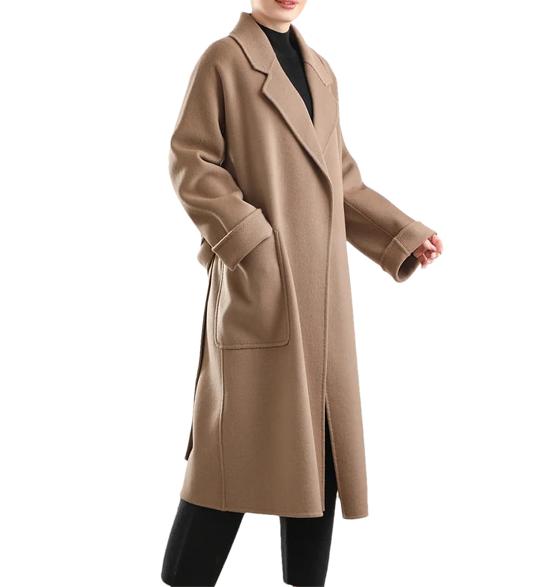 Abrigo largo de lana con cinturón para mujer, clásico, otoño, invierno, cuello vuelto, abrigo largo sólido