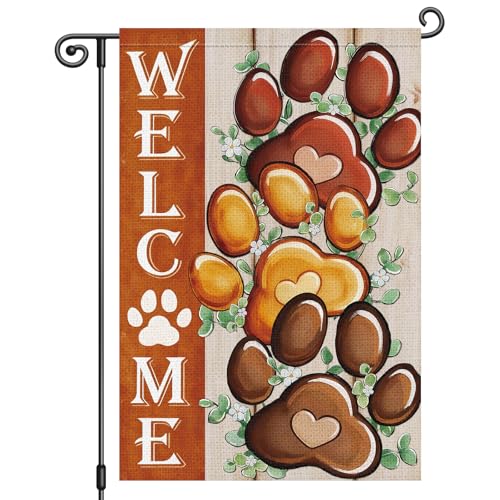Heyfibro Welcome Garden Flag 12x18 Inch Double Sided Dog Cat Paw Print Garden Flag Decorative Small Yard Flags for Outside House Farmhouse Holiday Outdoor Decoration