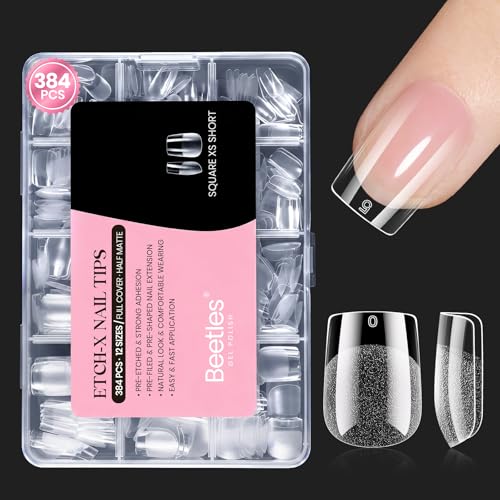 Image of Beetles Gel Nail Tips Etch-X- Square Extra Short, 384pcs 12 Sizes | Pre-Etched Half Matte Full Cover Soft Gel Nail Tips, Press on False Nail Extension Acrylic Fake Nails, Easy DIY Salon Art