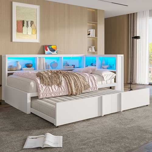 Moimhear Cama de día de metal con cama nido, armarios de almacenamiento, iluminación LED y puertos USB, 90 x 200 cm (blanco)
