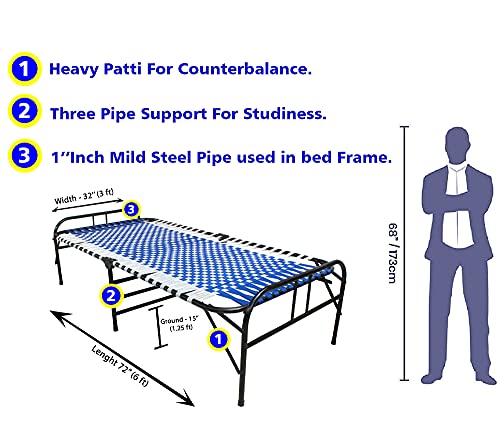 Image of Folding Bed | 1 Year Warranty | Portable Single Bed | 3X6 Feet Bed Size | Strong Iron Steel Metal Frame Pipe | Bed for Sleeping Guest, Easily Storable (Synthetic Stripe, Blue)