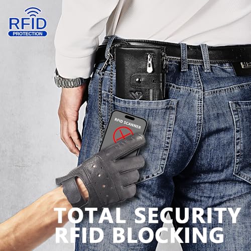 Anti-Theft Mens Wallet with Chain Genuine Leather ID Window Purse with RFID Blocking Bifold Double Zipper Coin Pocket2