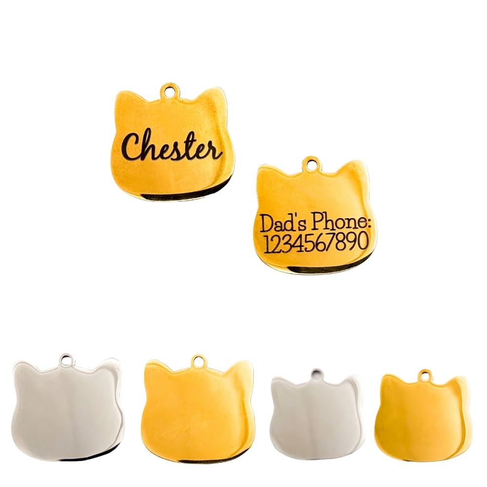 Custom Cat ID Tag – Engraved Pet Name Tag with Contact Information – Cute Cat Face Design for Small & Large Cats – Gold & Silver Options (Small, Silver)