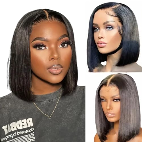 Perselene Wear and Go Glueless Bob Wig Human Hair Pre Plucked Pre Cut 4x4 HD Transparent Lace Front Wigs for Black Women Straight Short Bob Wigs Human Hair 180 Dentisty Natrual Color 10 Inch