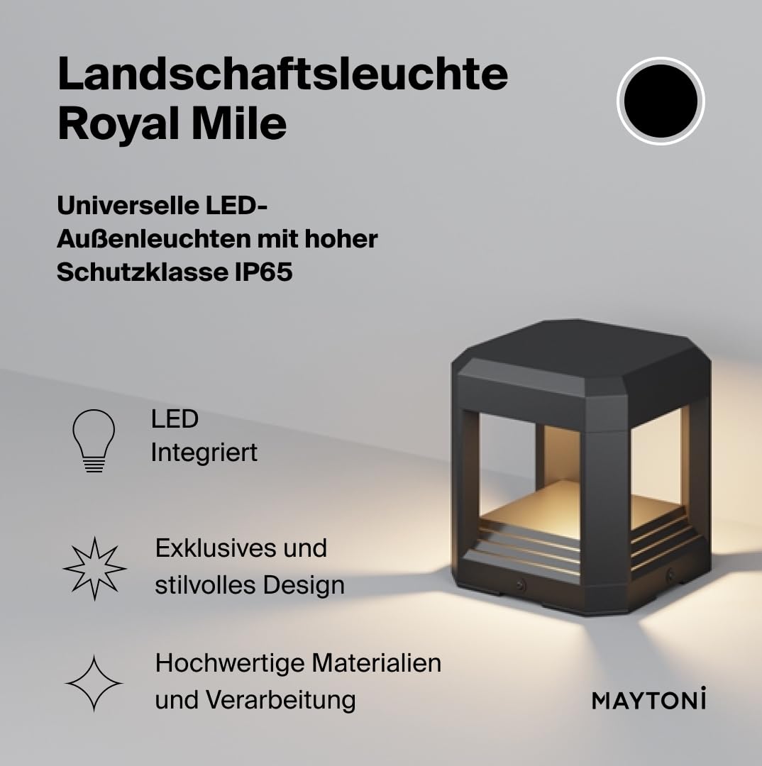 Maytoni ROYAL MILE Wegeleuchte Grau IP65, LED Gartenleuchte 13W 3000K, moderne Außenleuchte für Garten & Terrasse