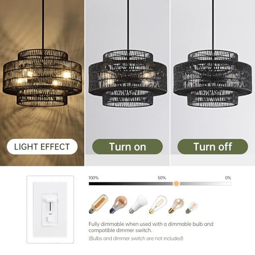 Image of 4-Light Black Boho Rattan Chandelier Light Fixture, 17.7 inch Hand Woven Rustic Chandeliers Farmhouse Chandelier Hanging Light for Dining Room Kitchen Island, Living Room, Foyer