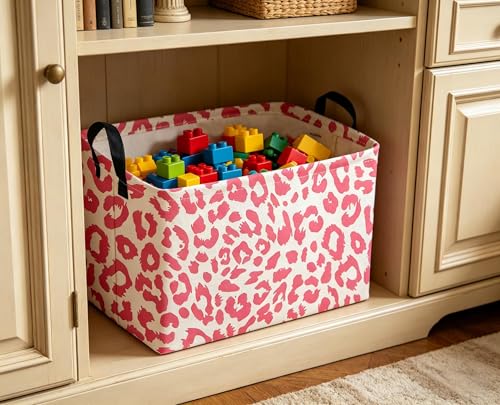 Image of Sanjiaofeng Rectangular Kids Baskets,leopard print basket,Pink Storage Basket with Handles,Waterproof Collapsible Storage Bin for Kids,Kid Room Decor,Books Box,Gift Basket(leopard print)