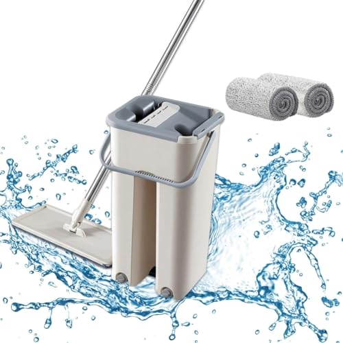 Image of Mop Heavy Quality Floor Mop with Bucket Flexible Kitchen tap Flat Squeeze Cleaning Supplies 360 Flexible Head /2 Reusable Pads Clean Home Kitchen Red