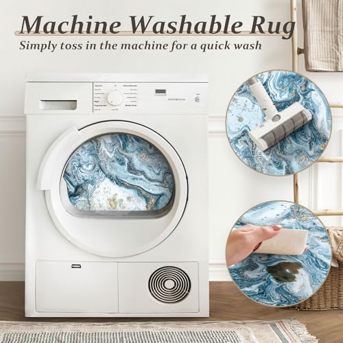 Image of GEMBED Washable Area Rug 8x10 - Artistic Style Modern Rug for Living Room Bedroom Dining Room, Soft Low Pile Machine Washable Carpet, Non Slip Non Shedding Area Rug - Blue /Gold, 8'x10'