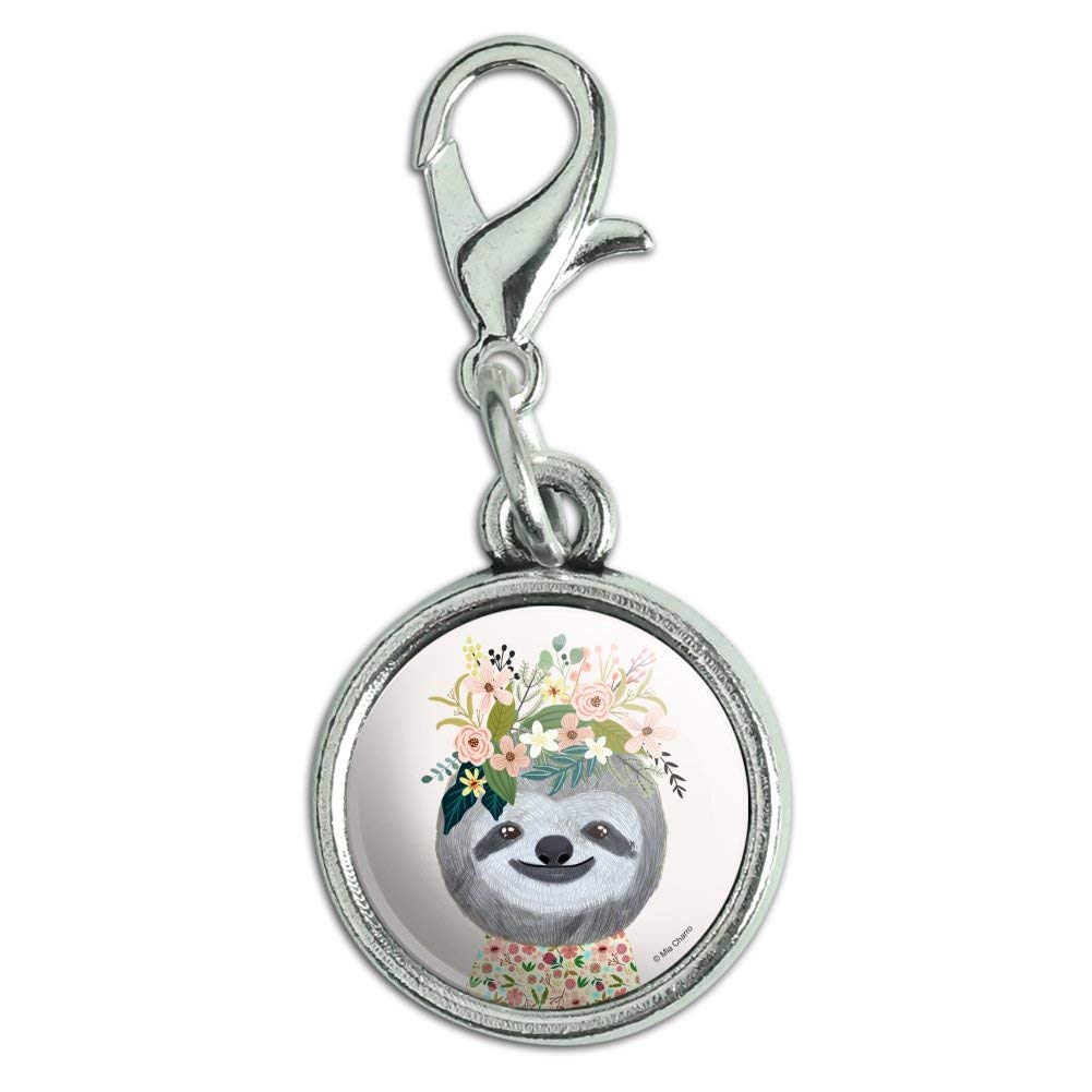 Happy Sloth Flowers in Hair Antiqued Bracelet Pendant Zipper Pull Charm with Lobster Clasp-image-21