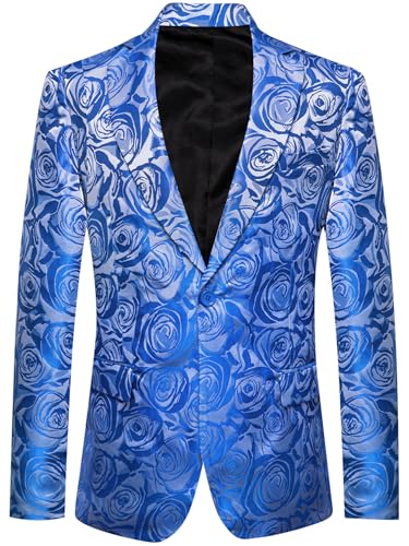 Image of Barry.Wang Mens Flowers Blazer Suit Jacket Floral Jacquard Notched Lapel Tuxedo Casual Sport Coat Disco Prom Wedding Party