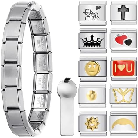 GEMOSA Italian Charm Bracelet Sets whit Starter Bracelets 10PCS 9mm Modular Charms Link Pack and Opening Tools Handmade DIY Jewelry Gifts