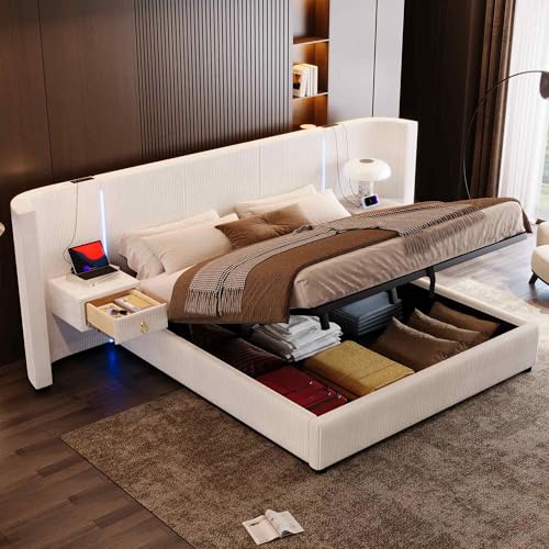 ECLIVON Cama Tapizada 180x200 con LED y USB, Camas Matrimoniales con Espacio de Almacenamiento Hidráulico, Cabecero con 2 Cajones, Cama Doble con Somier y Láminas, Terciopelo, Sin Colchón (Beige)