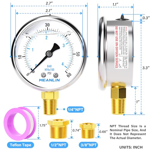 Image of MEANLIN MEASURE 0~60Psi Stainless Steel 1 /4 inch NPT 2.5 inch FACE DIAL Liquid Filled Pressure Gauge, Pool Sand Filter Pressure Test Lower Mount(Pack of 2) with 1 /2 inch NPT and 3 /8 inch NPT Hex Bushing