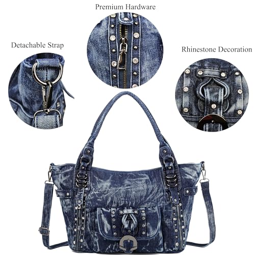 Image of Designer Denim Handbags for Women Hobo Tote Bag Crossbody Denim Purses Blue Jean Shoulder Bag