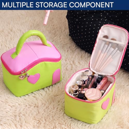Image of House of Quirk Large Capacity Makeup Bag for Women, Portable Cosmetic Organizer, Water-Resistant Travel Toiletry Bag with Handle, Cute Heart Design, Zipper Vanity Storage Case (Green /Pink)