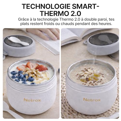 Netrox Sports Gobelet muesli isotherme inox 600 ml avec cuillère, blanc - – vue 4
