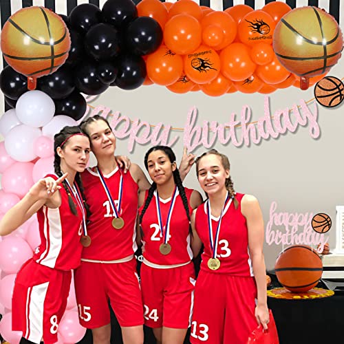Basketball Birthday Decorations Girls - Pink Orange Balloon Garland With Basketball Foil Balloon, Basketball Happy Birthday Banner Cake Topper For Kids Teen Adults Sports Theme Birthday Party #TOP3