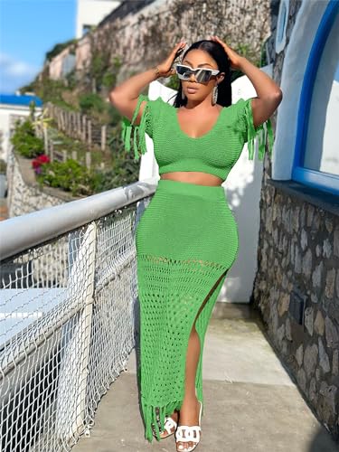 Image of CALEBGAR 2 Piece Outfits for Women Sexy Crochet Tassel Split Midi Dress Summer V Neck Knitted Hollow Crop Tops Y2K Streetwear