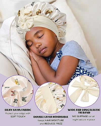 Satin Bonnet for Kids Silk Bonnets for Sleeping Curly Hair Bonnet with Elastic Tie Band Double Layer Sleep Cap for Girls Boys 3-7 Years (Beige + Butterfly)4