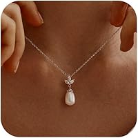 KICKGY Dainty 14K Gold Plated Pearl Necklace for Women - Trendy Single Pearl Choker, Adjustable Hypoallergenic Chain, Bridal Gift