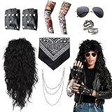 10 Stück Rocker Outfit Herren, 70er 80er 90er Rockstar Kostüm mit Glam Rock Perückenset Perücken Sonnenbrillen Kopftücher Handschuhe Ringe Halsketten Tattoo-Ärmel Disco für Karneval Männer Frauen