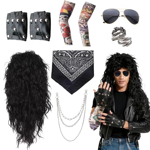 10 Stück Rocker Outfit Herren 70er 80er 90er Rockstar Kostüm mit Glam Rock Perückenset Perücken Sonnenbrillen Kopftücher Handschuhe Ringe Halsketten Tattoo-Ärmel Disco für Karneval Männer Frauen