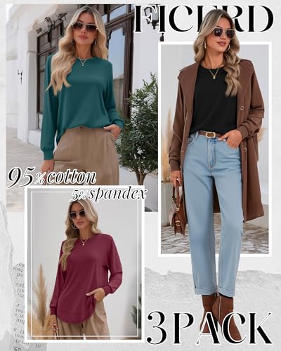 Ficerd 3 Pack Women's Long Sleeve Shirts, Cotton Crew Neck Tunic Tops Casual Loose Fit Pullover Sweatshirts Curved Hem Shirts2