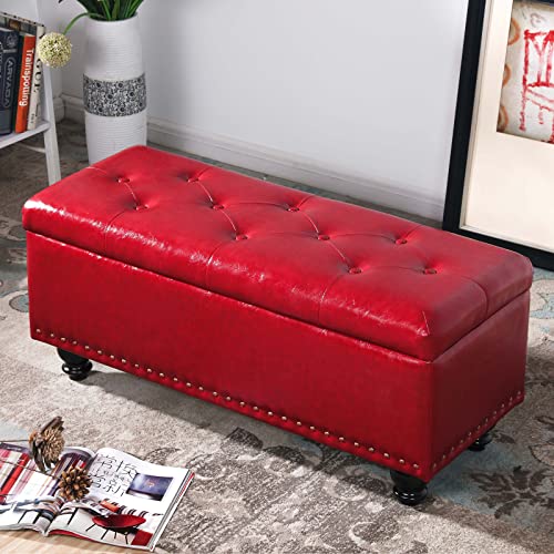 Banc de rangement ottoman en cuir capitonné vert et pieds en bois noble style luxe