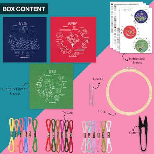 Image of picknMAKE Combo of 3 Embroidery kit for Beginners for Adults & Kids | Complete embroidery combo kit, 16 threads, hoops, needles, relaxing beginner-friendly craft, great gift for all ages