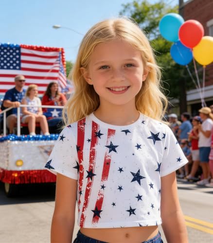 Image of Tkria Girl Crop Tops July 4th Crewneck Tshirt American Flag Patriotic USA Flag Girls Outfit Clothes Size 6-14