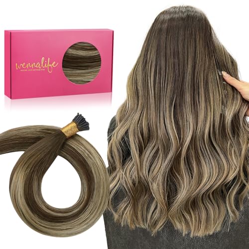 WENNALIFE I Tip Hair Extensions Human Hair, 50g 100s 14 Inch Balayage Chocolate Brown to Honey Blonde Remy Itip Human Hair Extensions Invisible Itips Straight I Tips Fusion Extensions Real Human Hair