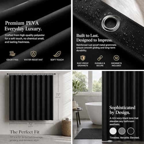 Image of EHZNZIE Black Shower Curtain Liner 72x72, PEVA Waterproof Bath Curtain, No Chemical Smell, 3 Weighted Magnets, Durable with Rustproof Metal Grommets
