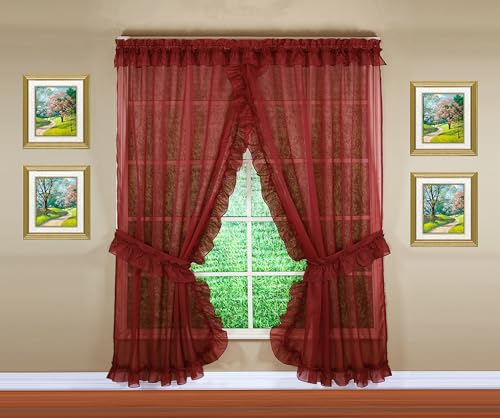 Image of Today's Curtain, Emelia Priscilla Sheer Pair 96 inch W x 84 inch L, Burgundy, 5-Piece-Set