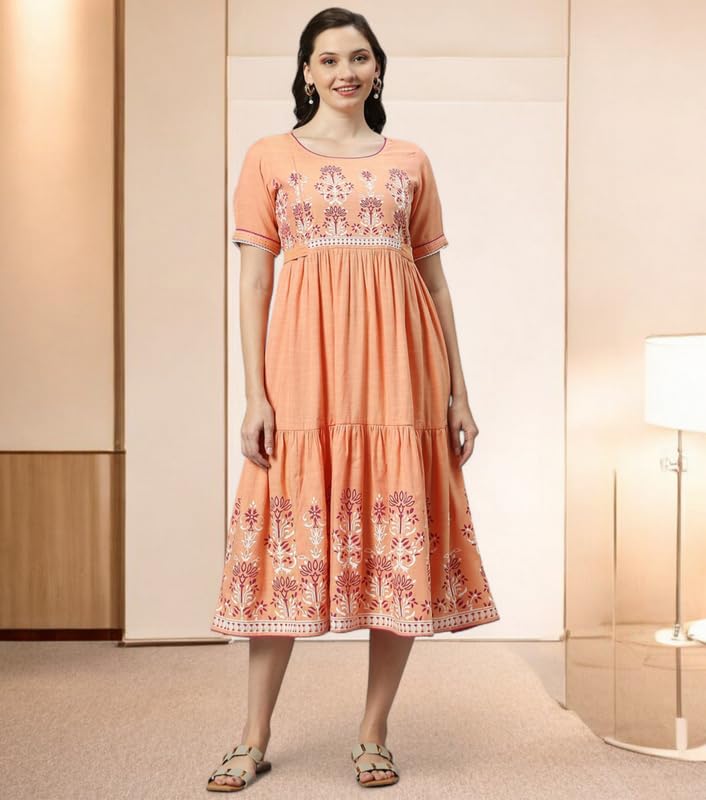 Image of DUMMY SHAPE Feeding Kurtis for Women Cotton Blend | Printed Pregnancy Flare Kurta with Dual Nursing Zippers to Pre & Post Partum | Maternity Dresses | Gifts for Pregnant Woman