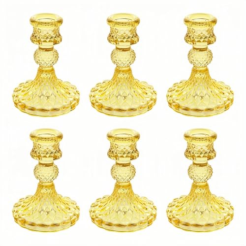 ECHFSM Glass Candlestick Holder,Striped Taper Candle Holders,Set of 6 Candle Stand for Table Centerpieces, Home Decor,Weddings,Festival and Parties (Yellow Dimond)