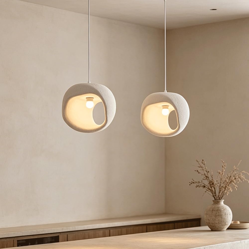 Lámpara Colgante Wabi-Sabi Cream Cutout Cave Con Casquillo E27 Para Isla De Cocina, Hecha A Mano En Poliestireno De Alta Densidad, Ideal Para Bar, Vestidor, Mesa De Comedor, Estudio O Mesita