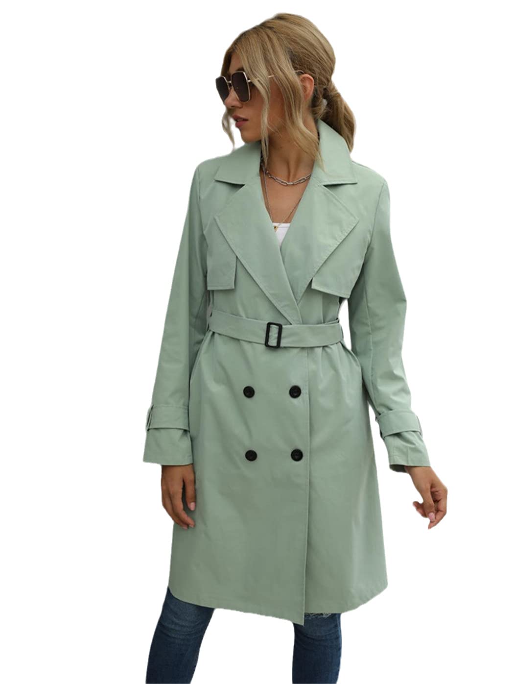 Donne Casual Tinta unita Cappotto Autunno Elagant Manica Lunga Risvolto Collo Doppio Petto Con Cintura Trench Cappotto, Verde, L