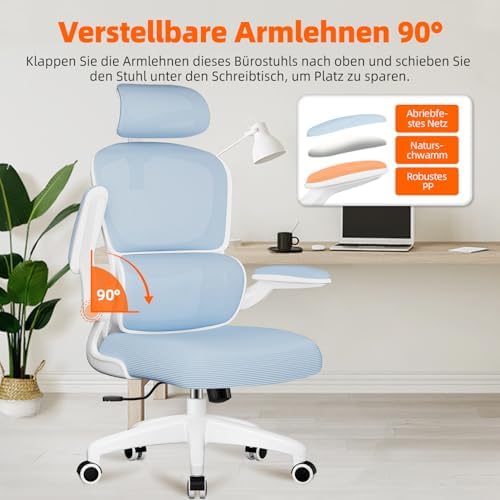 7. Bild von Aiidoits Bürostuhl, Ergonomischer Bürostuhl mit Klappbaren Armlehnen, Verstellbarer Kopfstütze und Lendenwirbelstütze, Bürostuhl Ergonomisch Wippfunktion bis 135°, Chefsessel Bürostuhl 150 kg, Blau