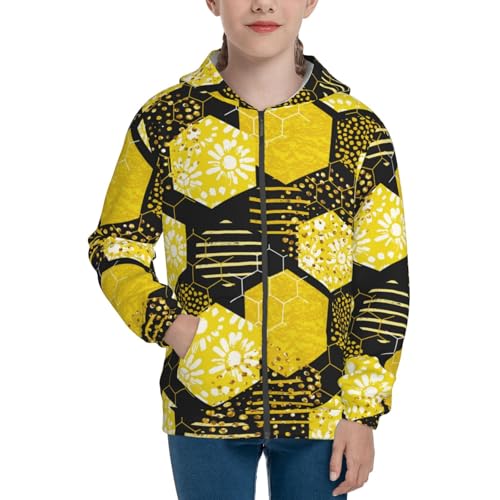 Geometric Pattern with Bee Kid Hoodies Boys Zip Up Sweatshirts Girls Pullover with Pocket3